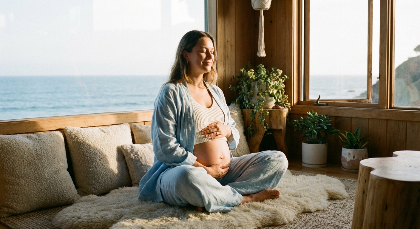 Mulher grávida meditando em ambiente tranquilo, representando meditação para gestantes