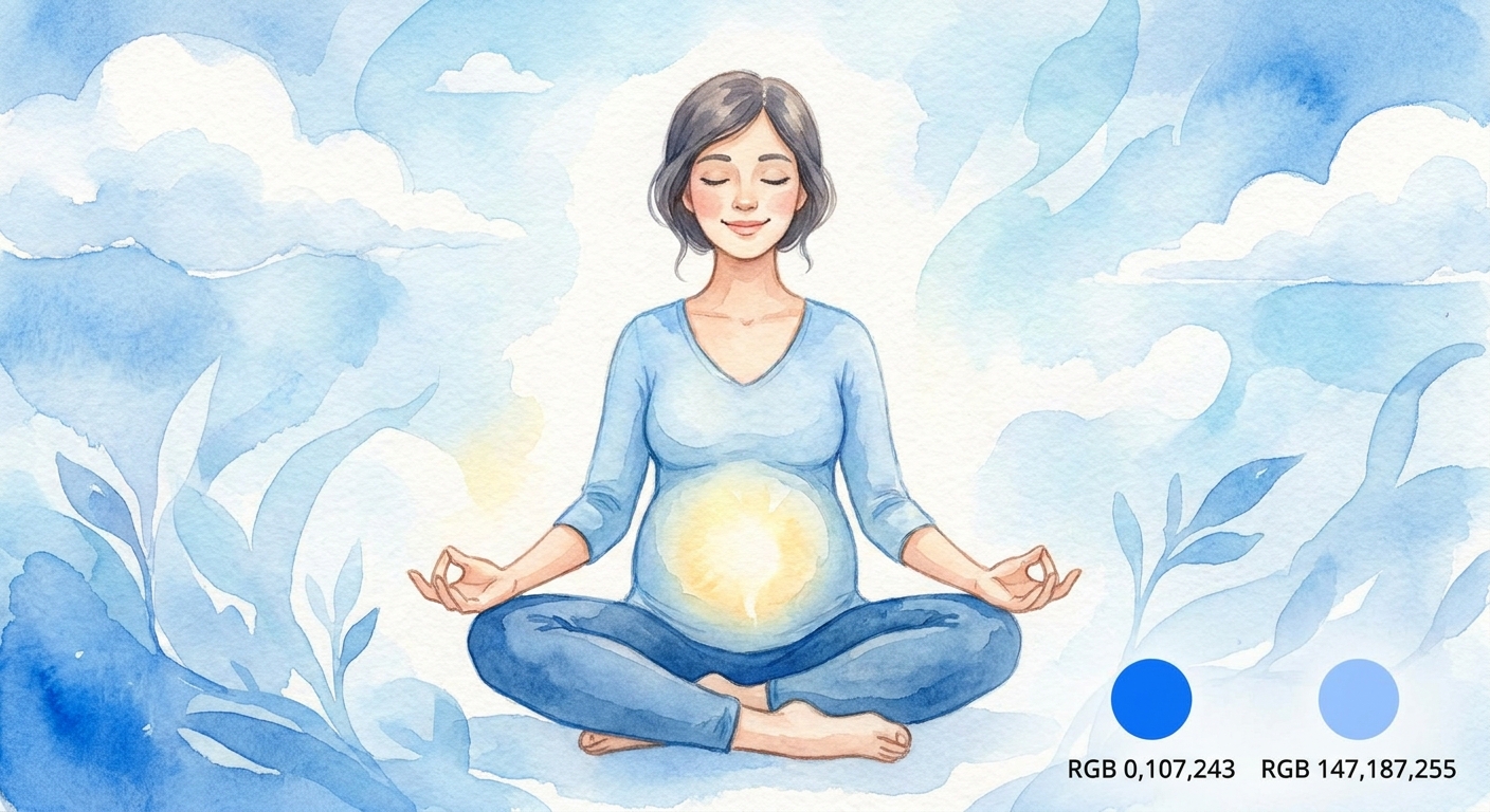 Gestante meditando em posição de lótus com aquarela suave em tons azuis — meditação para gestantes