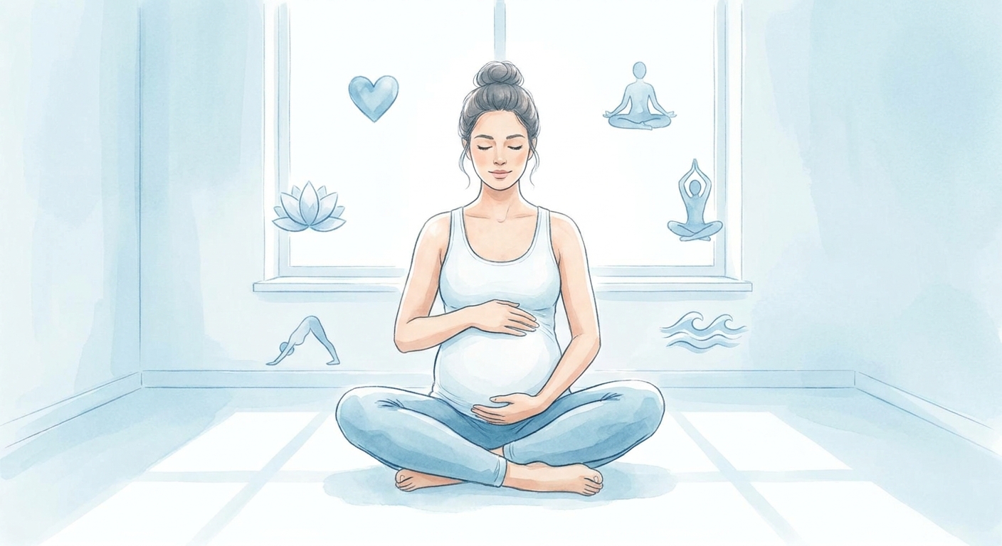 Gestante meditando em posição de lótus com luz natural e elementos de yoga e conexão com o bebê