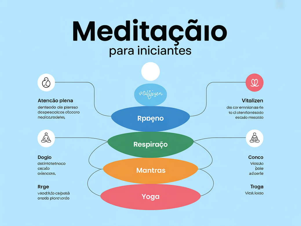 Infográfico com os principais termos da meditação, como Mindfulness, Yoga e Mantras, com o logo do Vitalizen App.