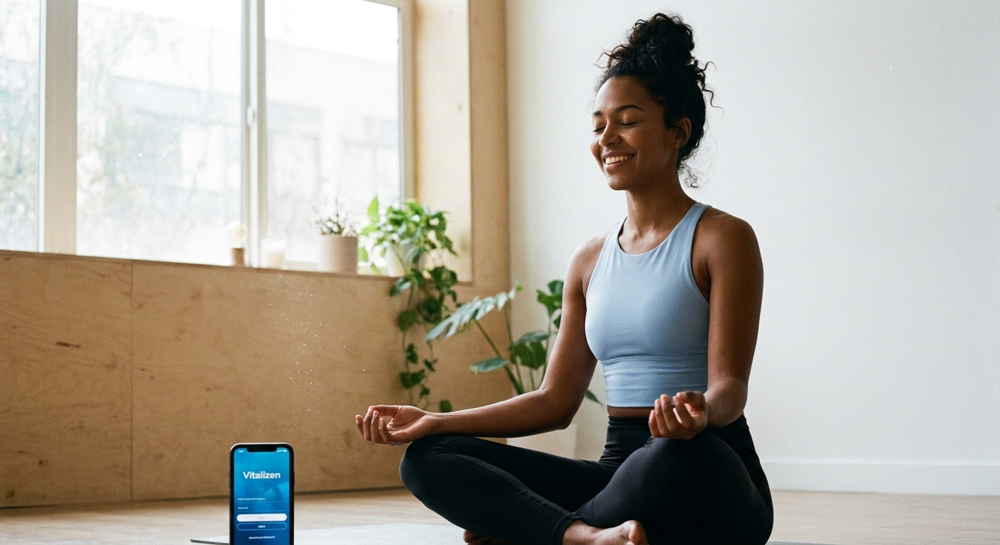 Jovem meditando em posição de lótus com app Vitalizen ao fundo