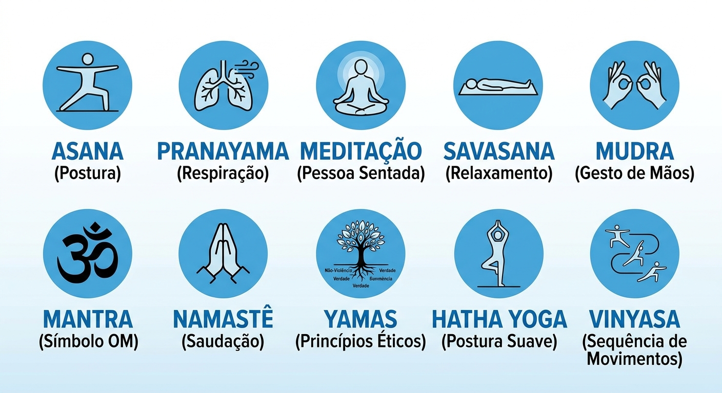 Infográfico com dicionário visual dos principais termos de yoga para idosos: asana, pranayama, meditação, savasana, mudra, mantra, namastê, yamas, niyamas, hatha yoga e vinyasa