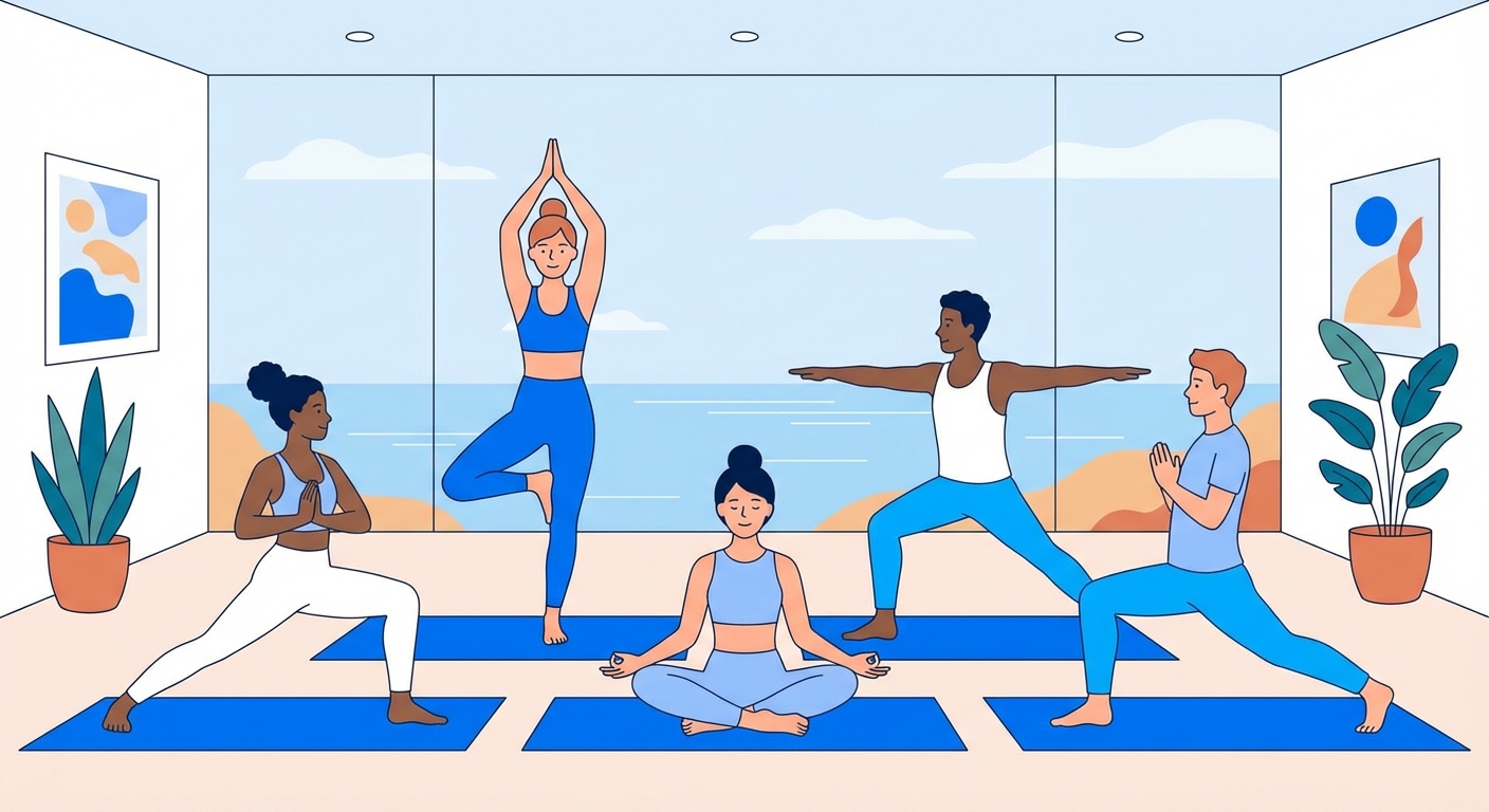 Ilustração de jovens praticando yoga, representando o dicionário do yoga para iniciantes do Vitalizen