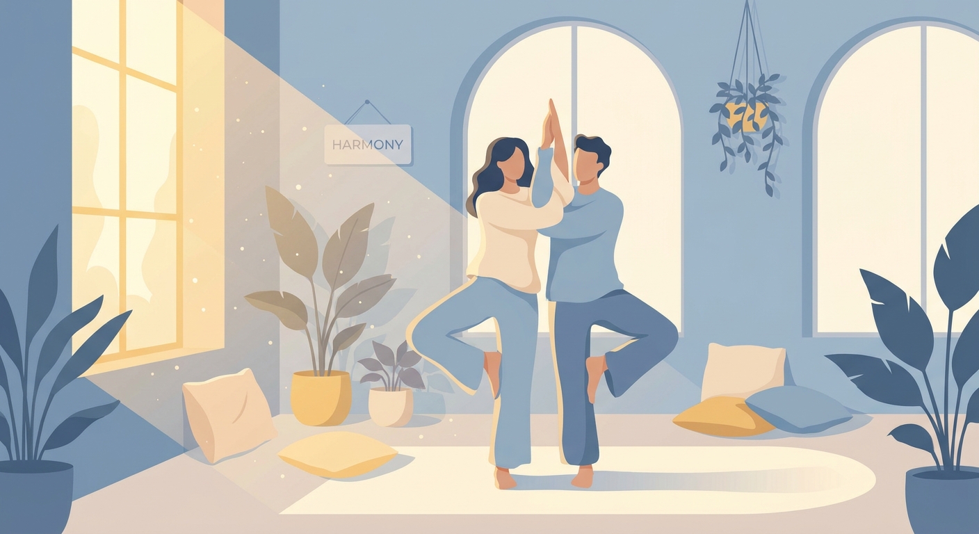 Casal praticando yoga em dupla em sala iluminada e tranquila