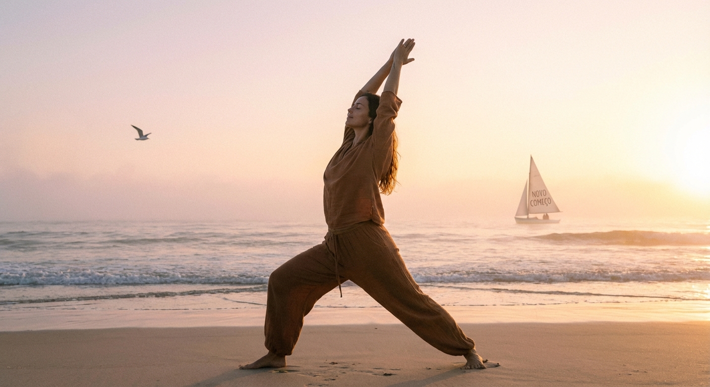 Mulher praticando yoga para cura emocional ao nascer do sol, simbolizando reconstrução da autoestima após relacionamento tóxico
