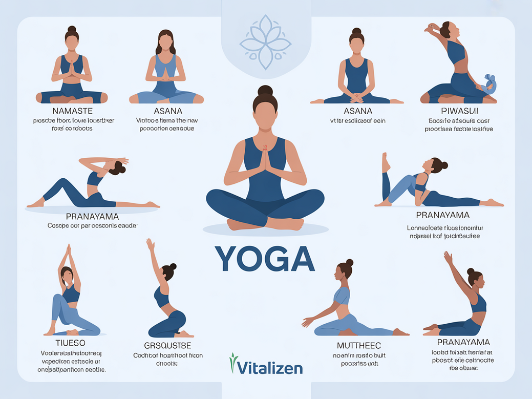 Infográfico com termos do dicionário de yoga como Namaste, Asana e Pranayama, com ilustrações de posturas, em uma paleta de cores azul suave, com o logo da Vitalizen.