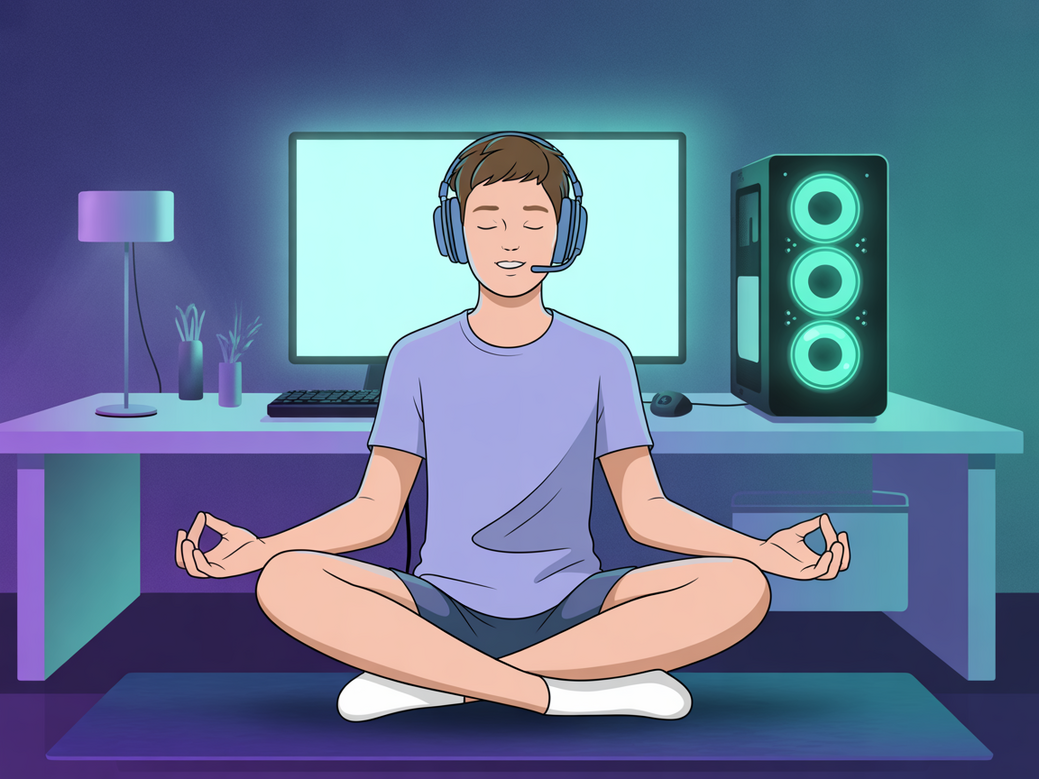 Ilustração de um gamer meditando em frente ao seu setup de computador, mostrando o equilíbrio entre jogos e bem-estar com o yoga para gamers.
