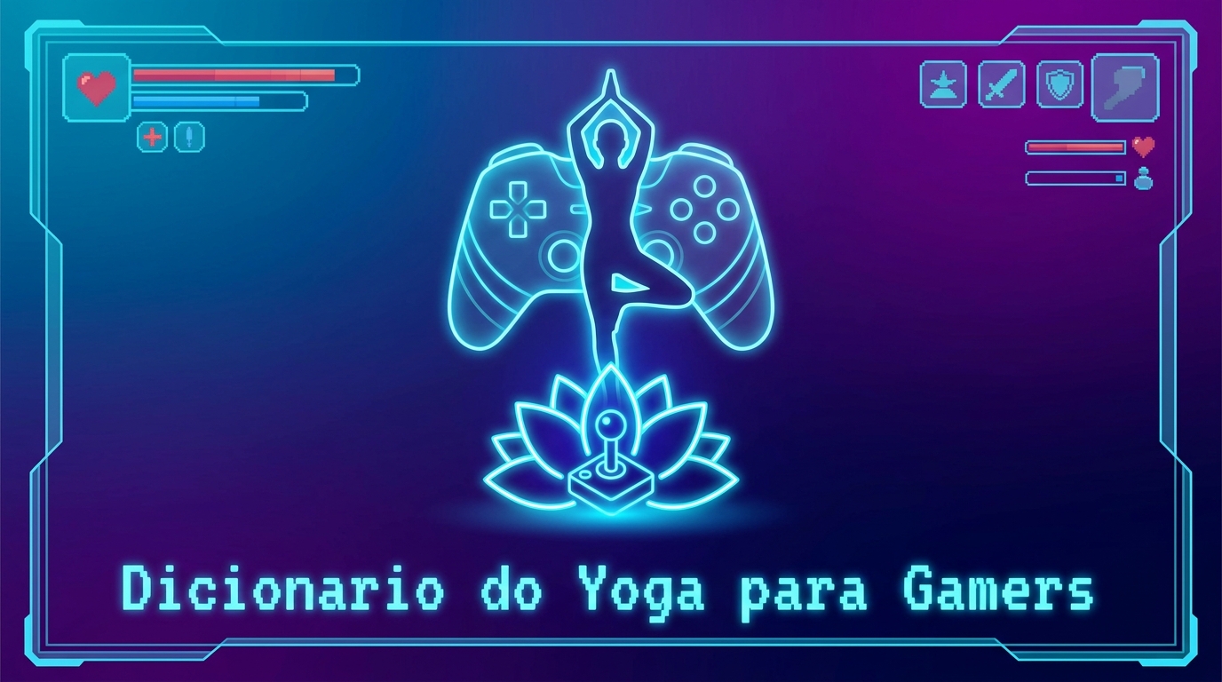Dicionário do Yoga para Gamers - Guia com termos de yoga traduzidos para linguagem de RPG e videogame, com silhueta de yoga e joystick em fundo azul neon