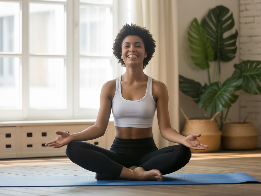 Yoga para Gestantes: mulher grávida praticando uma postura de yoga segura (asana) em um ambiente calmo e iluminado.