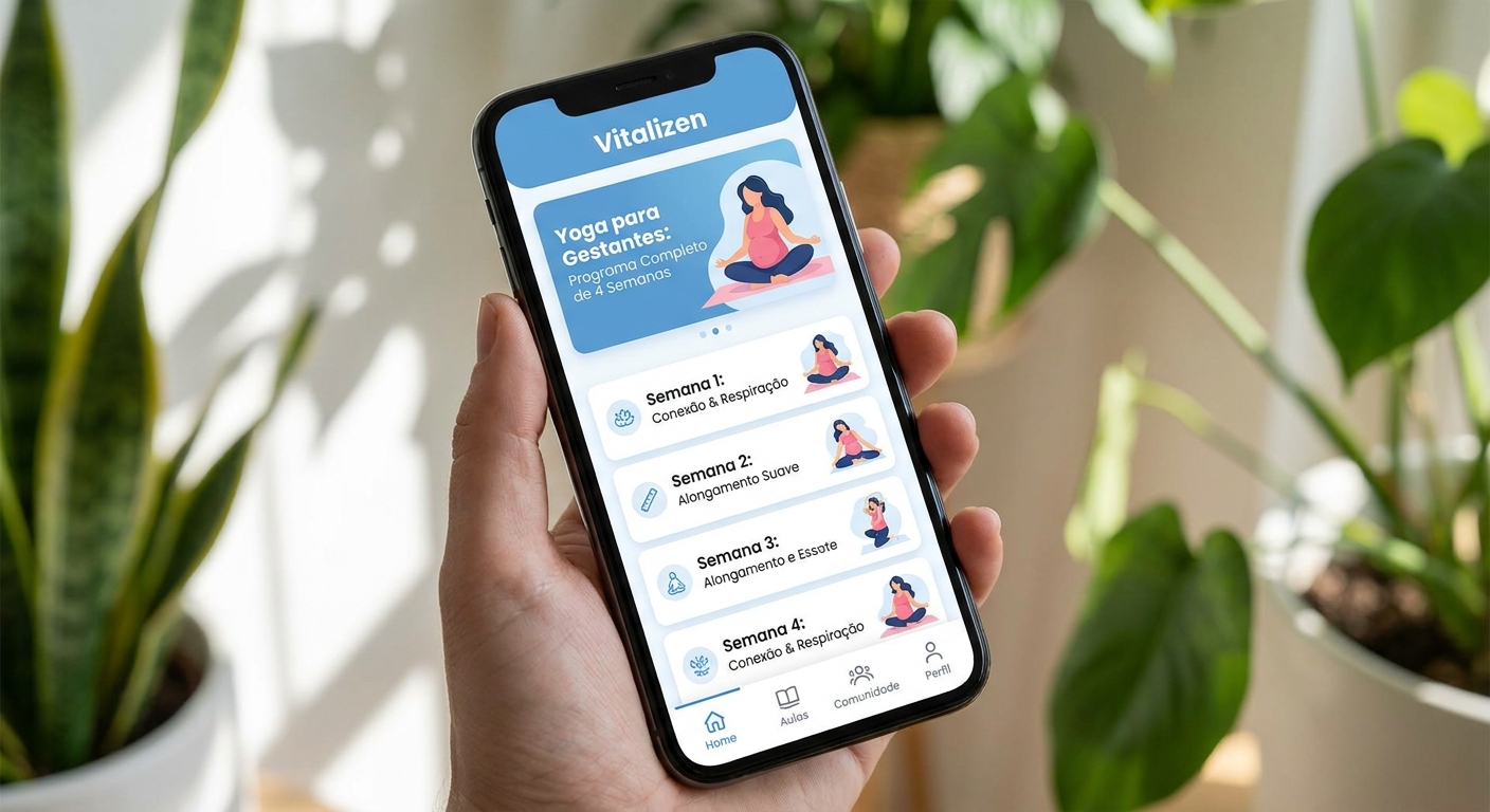 Interface do Vitalizen App mostrando programa de Yoga para Gestantes