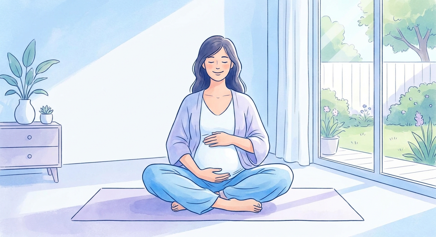 Gestante meditando com as mãos sobre a barriga em posição Sukhasana