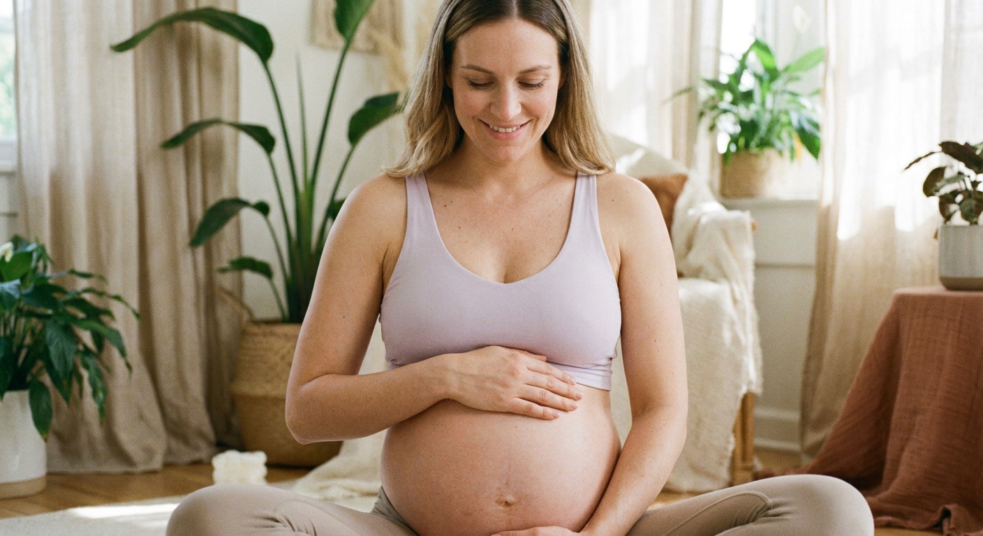 Gestante praticando yoga para gestantes em ambiente tranquilo com luz natural