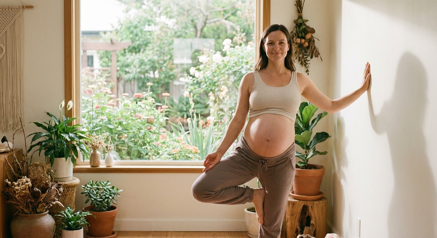 Mulher grávida praticando yoga pré-natal em ambiente tranquilo, demonstrando asana seguro na gravidez