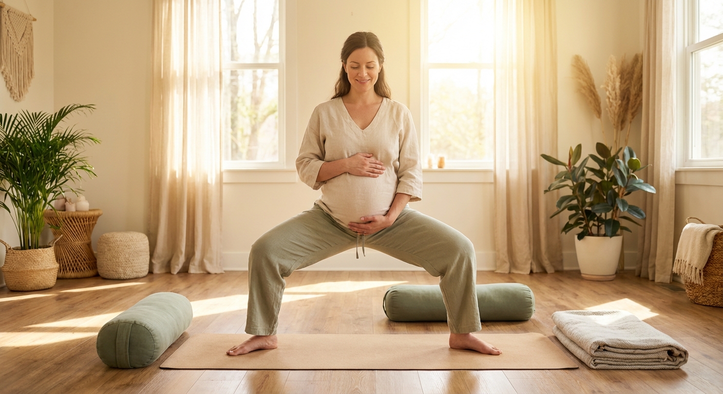 Mulher grávida praticando yoga prenatal em ambiente tranquilo, demonstrando postura segura de alongamento