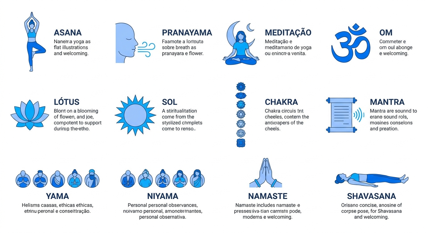 Dicionário do Yoga para iniciantes com ilustração dos principais termos como asana, pranayama, meditação e Om