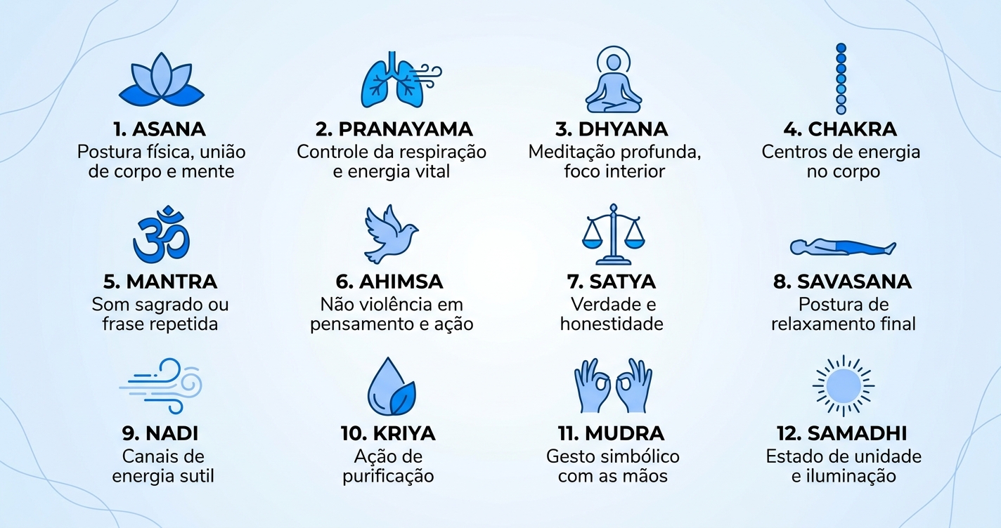 Infográfico com os 12 principais termos de yoga em formato de verbete, com ícones minimalistas em tons de azul