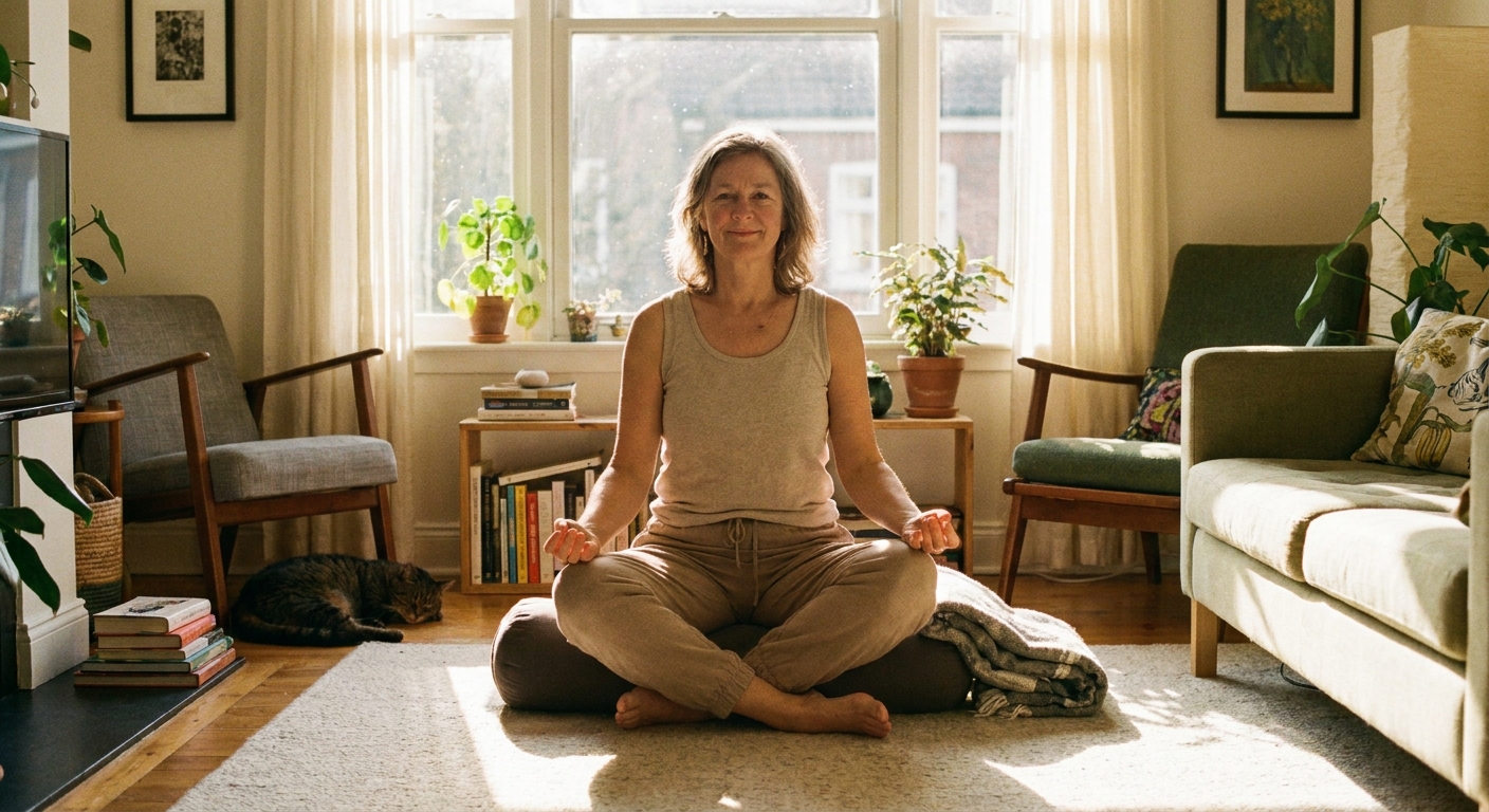 Mulher praticando asana adaptado do dicionário de yoga para dor crônica em casa