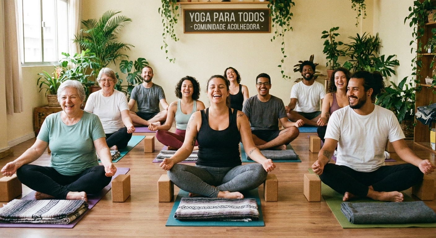 Grupo diverso em aula de yoga terapêutica usando apoios do dicionário de yoga