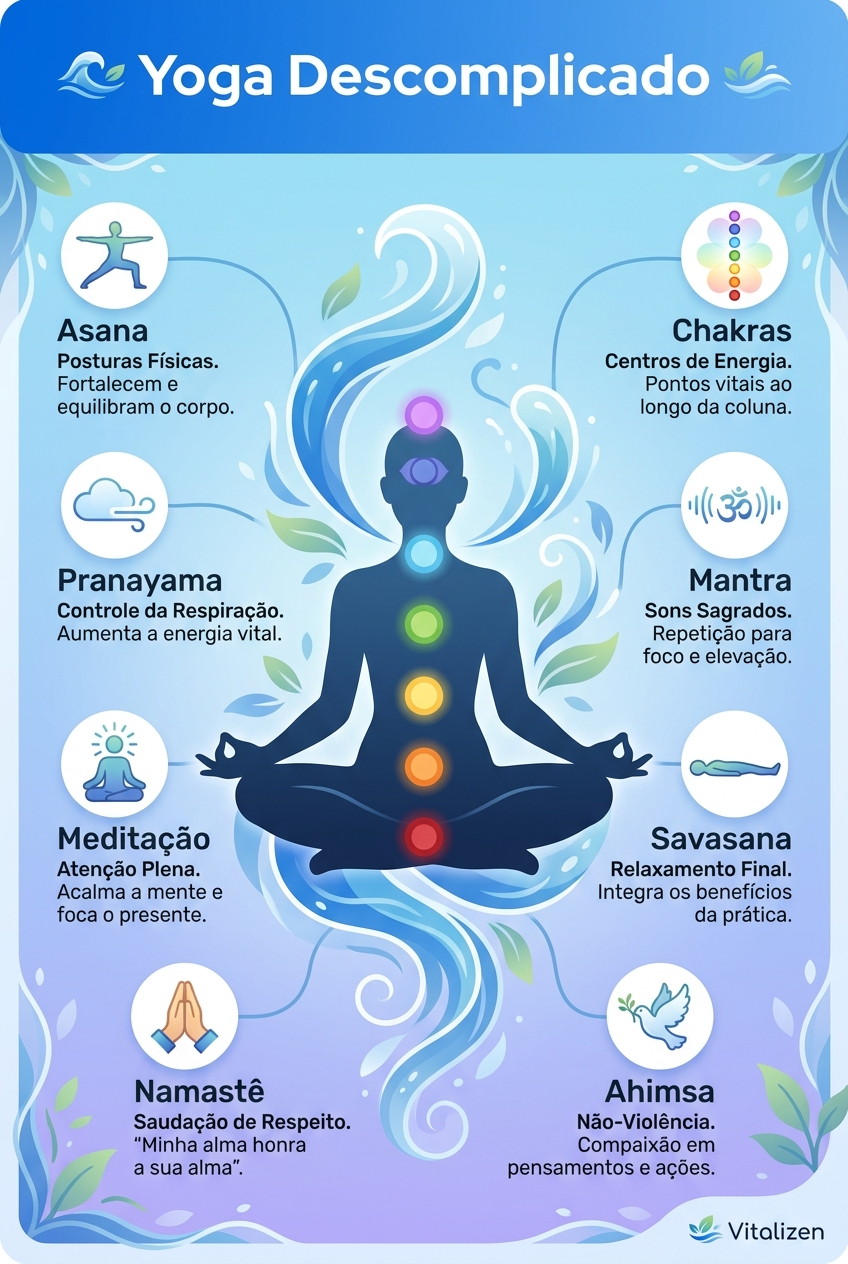 Infográfico do dicionário de yoga para iniciantes da Vitalizen mostrando posturas suaves