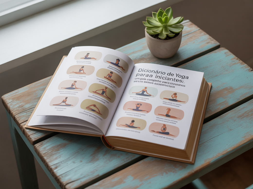Dicionário de yoga para iniciantes com termos essenciais em sânscrito anotados em um caderno.