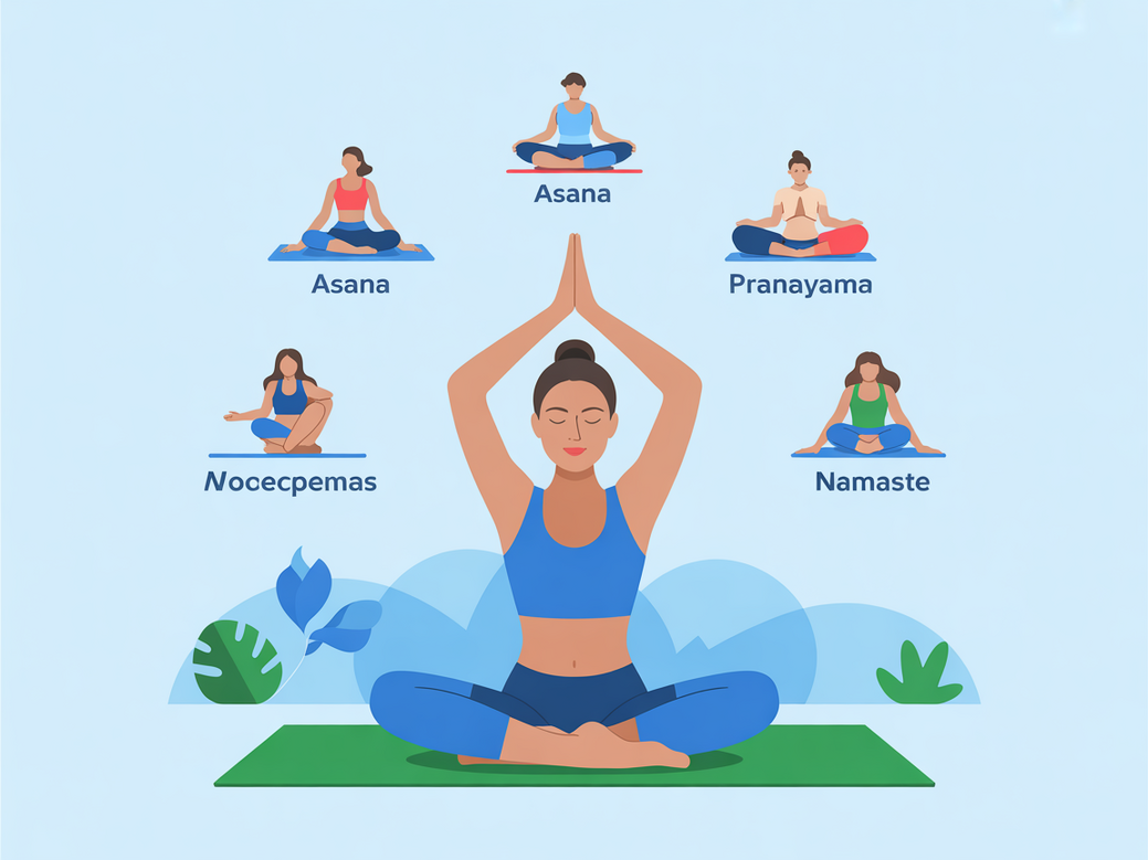 Infográfico centralizado com termos de um dicionário de yoga, como Asana, Pranayama e Namaste, com uma pessoa praticando yoga.