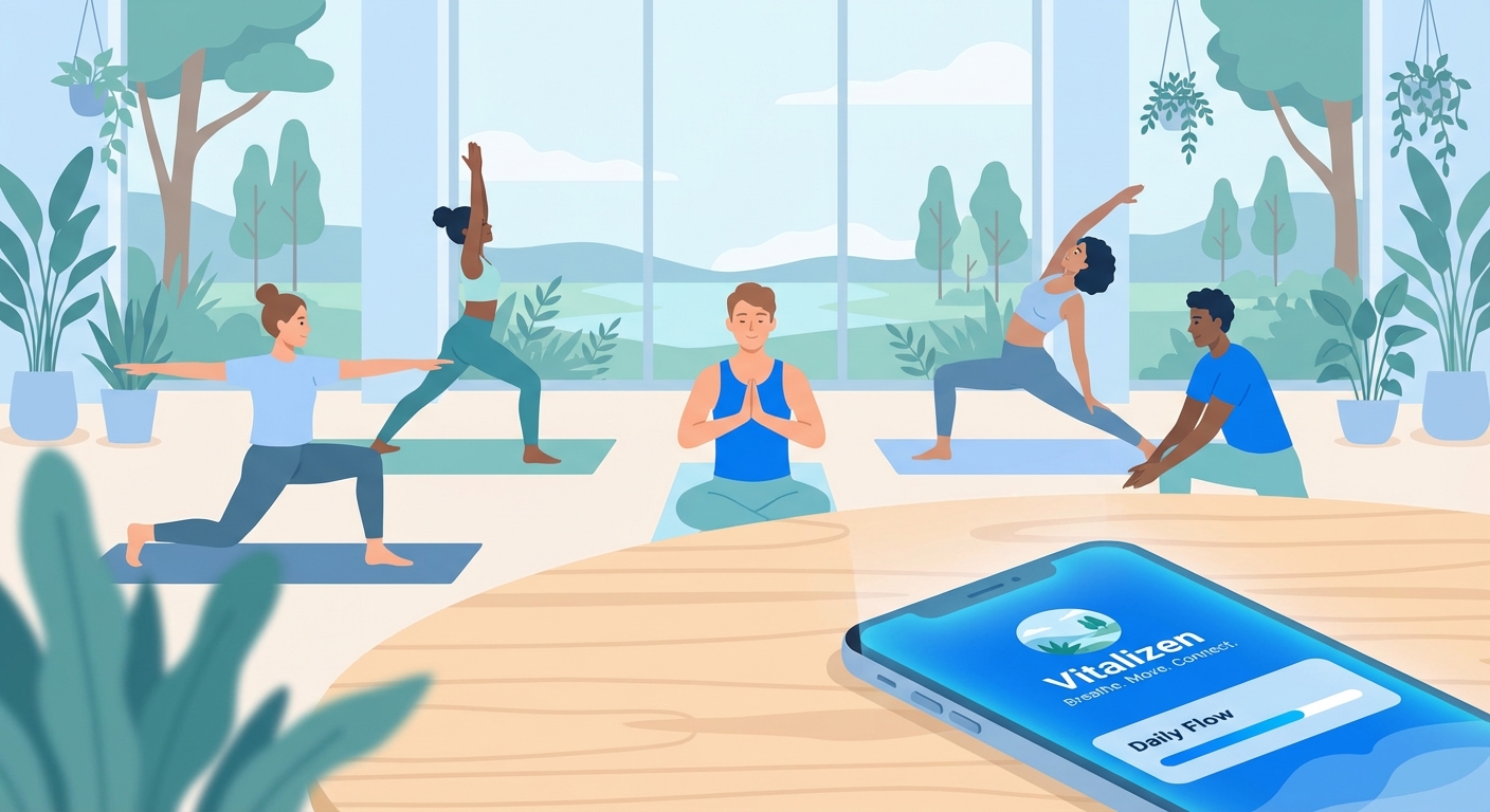 Jovens praticando yoga com o app Vitalizen em destaque, mostrando facilidade de praticar yoga para iniciantes em casa