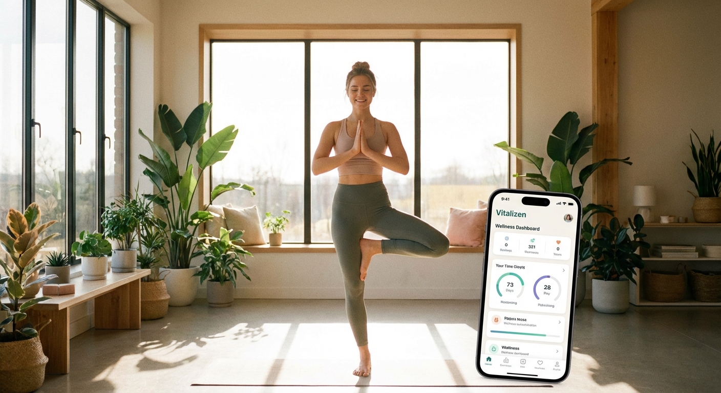Mulher praticando asana de yoga com aplicativo Vitalizen ao lado mostrando dicionário de termos