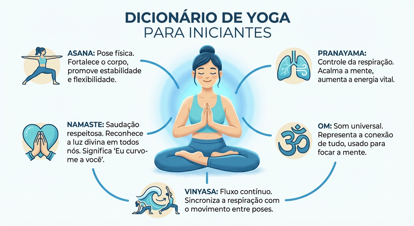 Mulher praticando yoga em posição de lótus com infográfico de termos sânscritos ao redor - dicionário do yoga para iniciantes