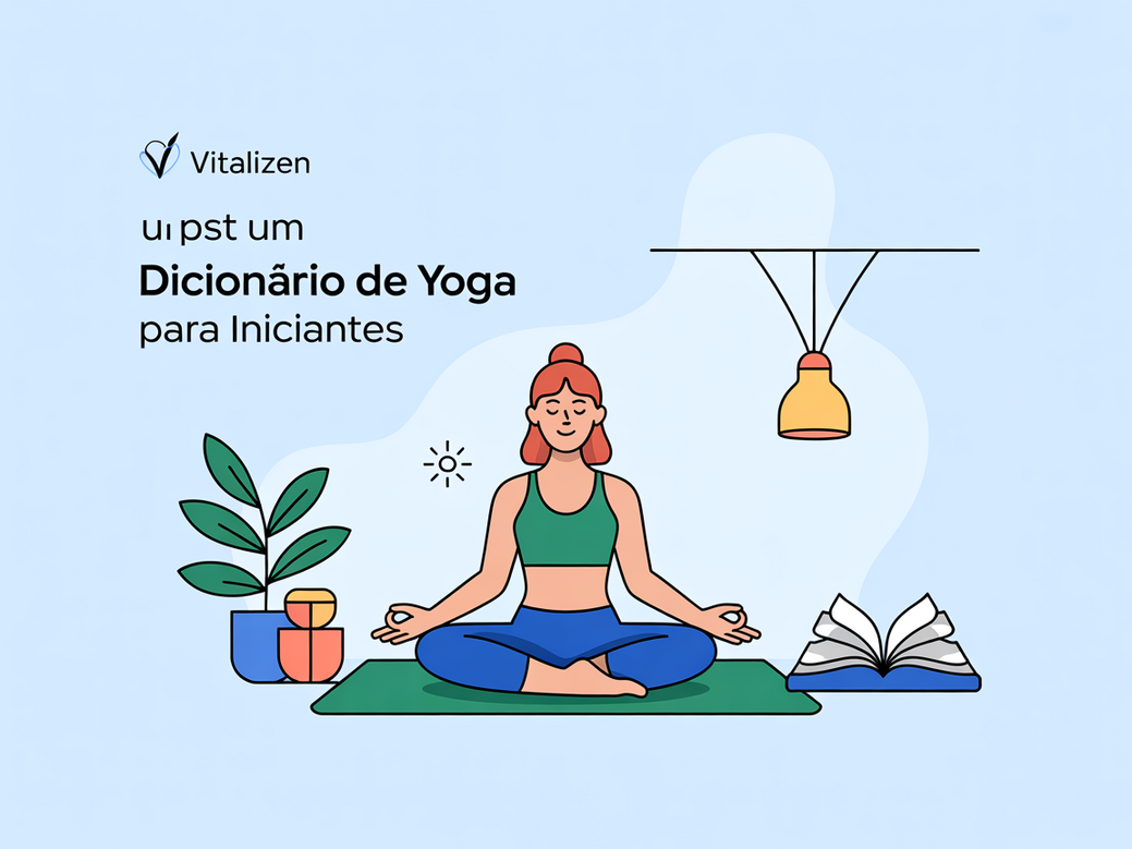 Mulher praticando yoga ao ar livre, consultando um dicionário de yoga para iniciantes da Vitalizen