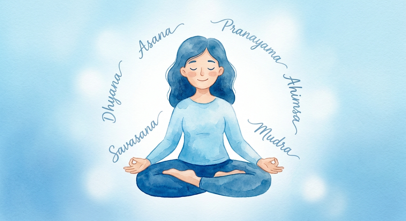 Ilustração acolhedora em tons de azul com figura meditando rodeada por termos de yoga como Asana, Pranayama, Dhyana, Ahimsa, Savasana e Mudra