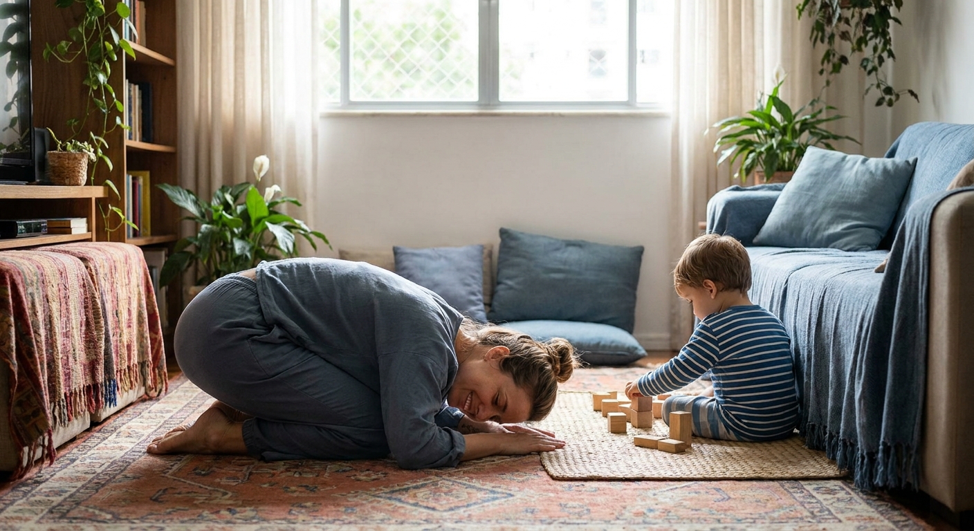 Mãe solo praticando yoga em casa com filho por perto - dicionário de yoga para mães solo