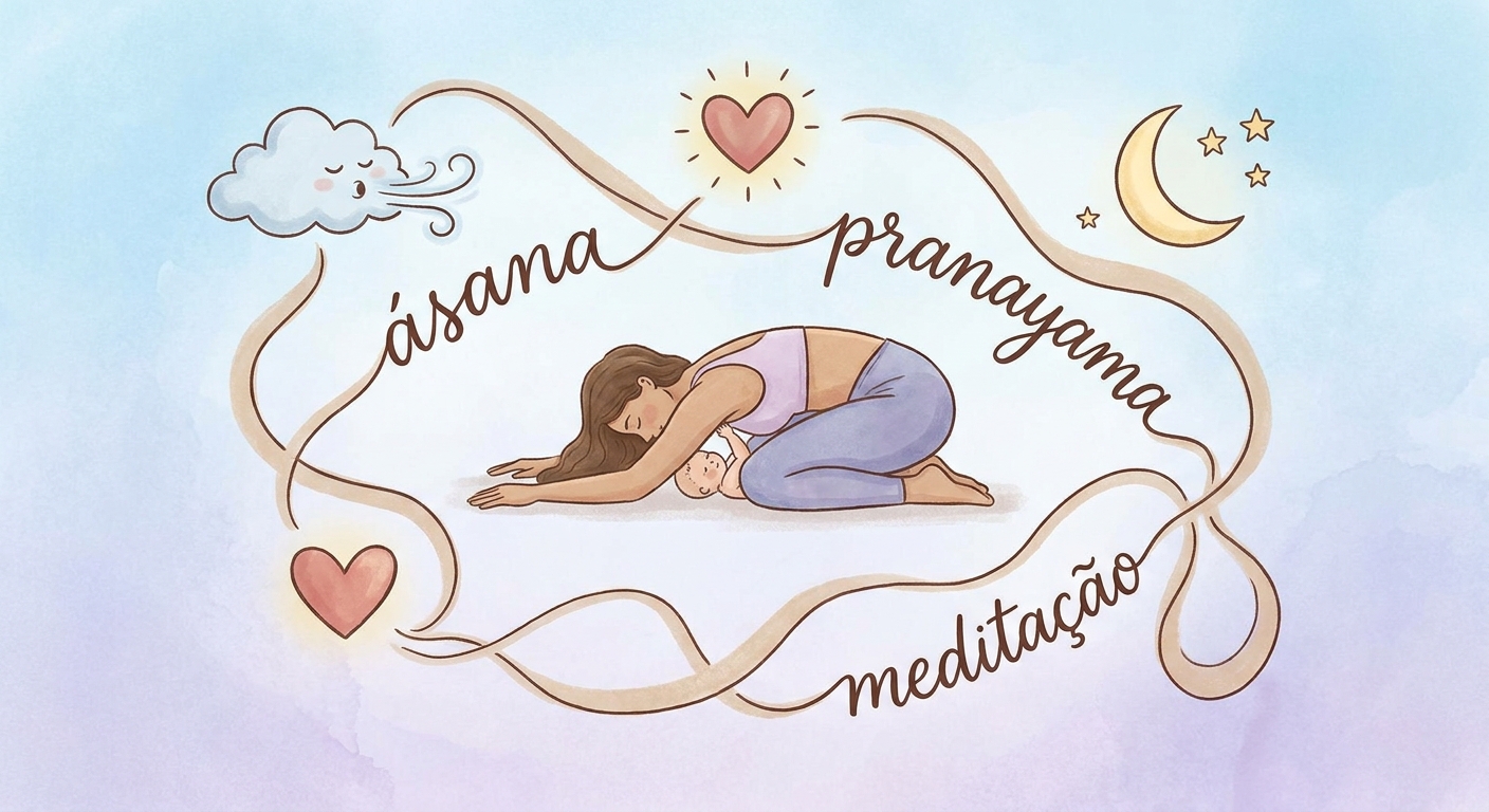 Mapa visual do yoga para mães recém-paridas com postura da criança, ícones de respiração, coração e lua