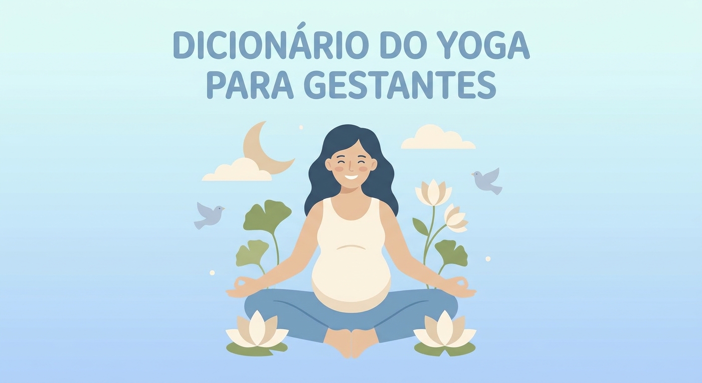 Ilustração de gestante na postura da borboleta (Baddha Konasana) com fundo em tons de azul - Dicionário do Yoga para Gestantes