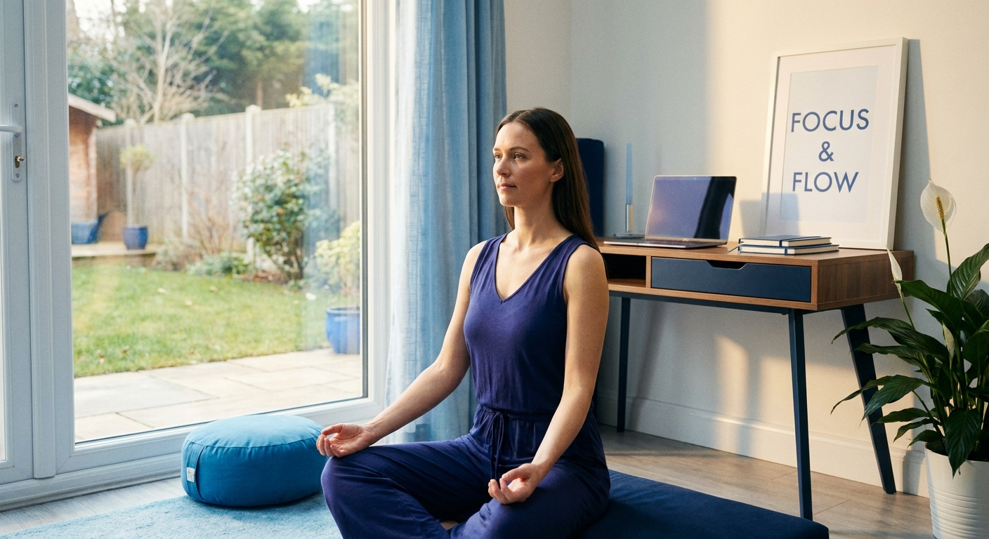 Mulher empreendedora meditando em home office ao amanhecer — dicionário de yoga completo
