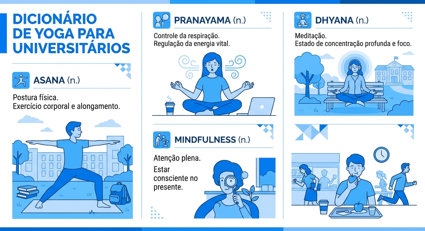 Infográfico dicionário visual do yoga com termos essenciais como Asana, Pranayama e Mindfulness para universitários controlarem a ansiedade