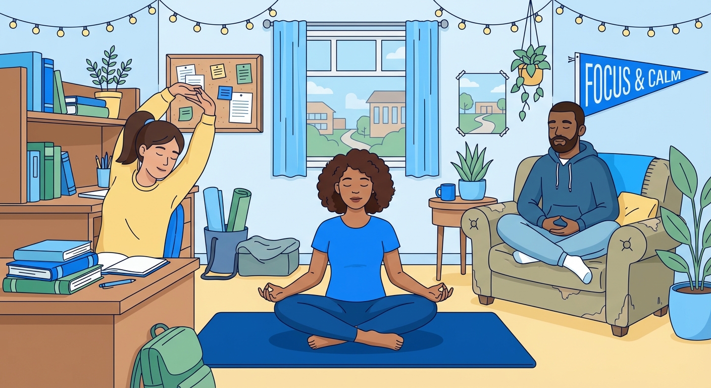 Estudantes universitários praticando yoga e meditação no quarto para melhorar o foco nos estudos