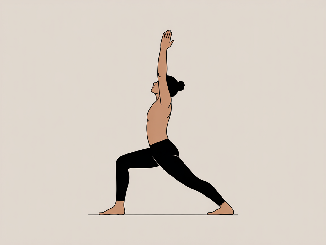 Mulher praticando a Postura do Guerreiro II (Virabhadrasana II) em um dicionário de yoga