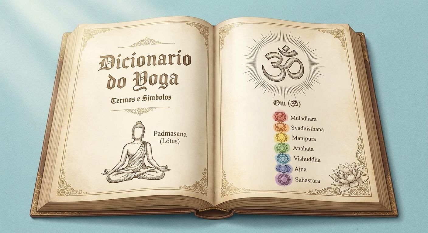 Dicionário do Yoga: termos em sânscrito explicados para iniciantes, com ilustração vintage de enciclopédia e elementos de yoga