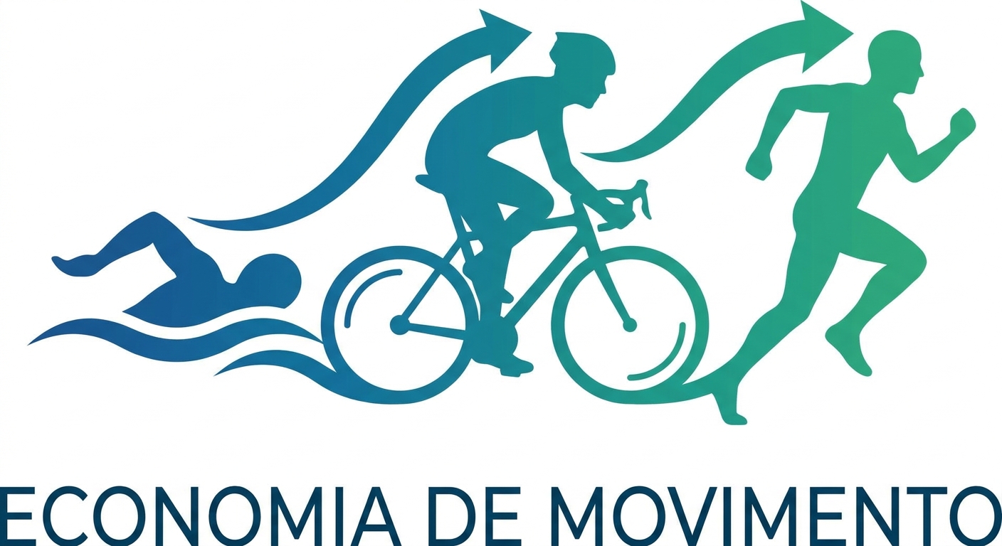 Silhuetas de nadador, ciclista e corredor com setas de eficiência — conceito de economia de movimento no triathlon