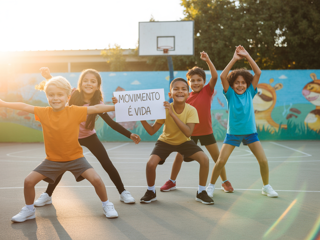 Crianças praticando atividade física funcional em uma quadra de escola, representando a educação física escolar com crossfit.