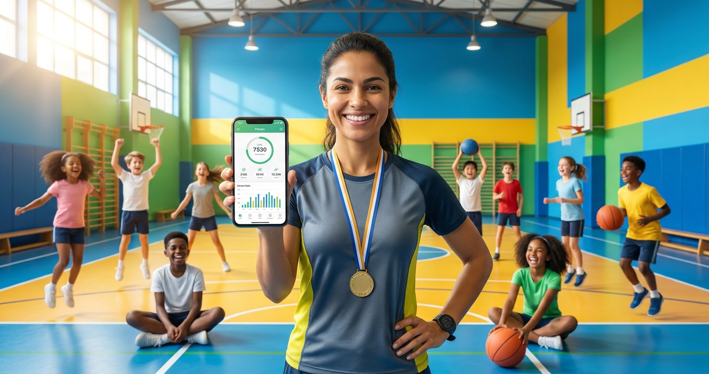 Educador físico feliz usando app para personal trainer infantil com crianças treinando