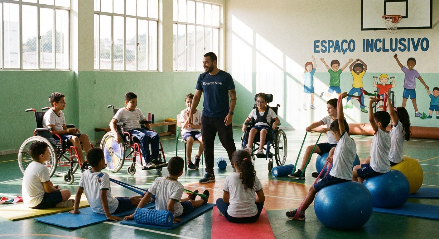 Educador Físico interagindo com alunos durante atividade adaptada