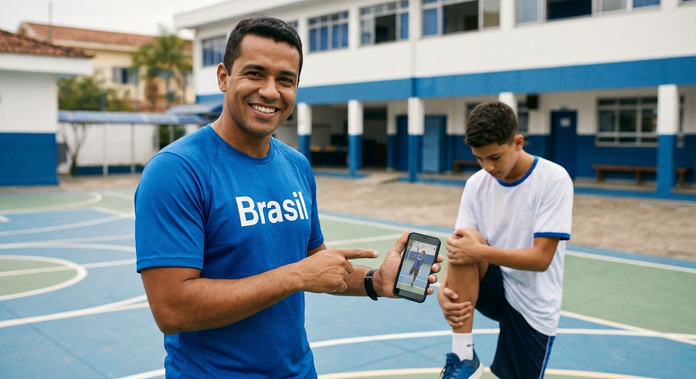 educador físico escolar usando app para personal trainer no celular