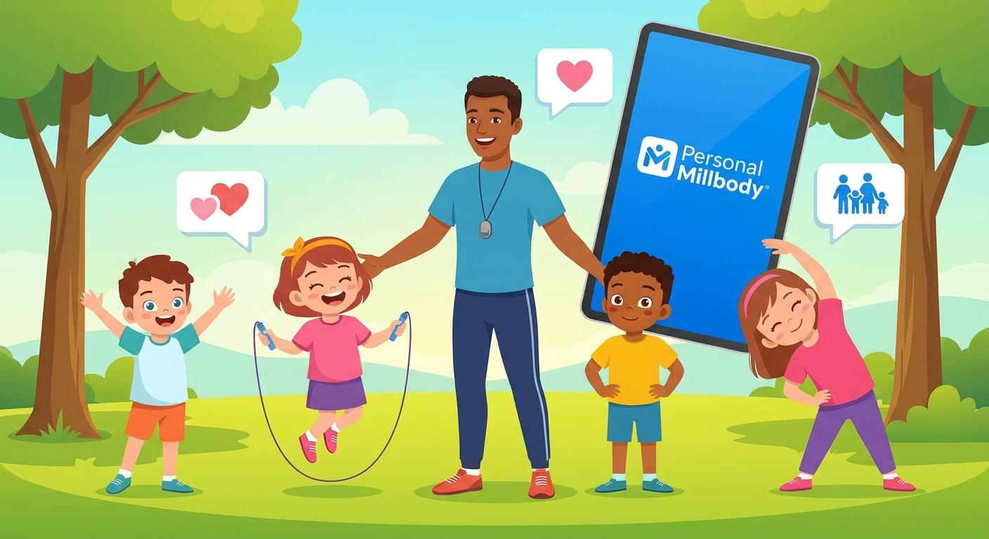 Educador físico escolar utilizando a plataforma Personal Millbody para gerir turmas, comunicar com pais e transformar seu trabalho