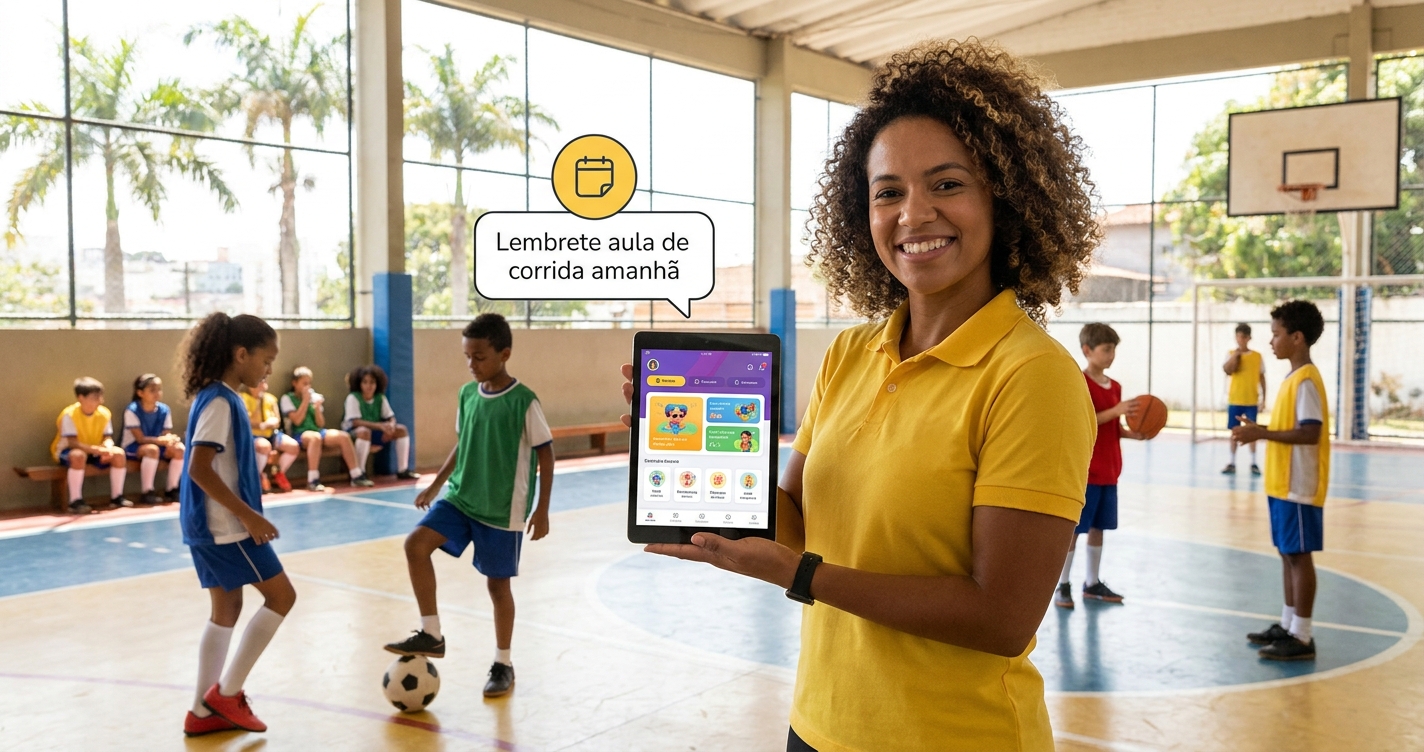 Educador físico escolar utilizando o Personal Millbody para se comunicar com pais e alunos