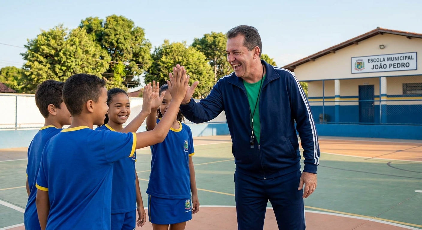 Educador físico escolar interagindo com crianças em quadra esportiva