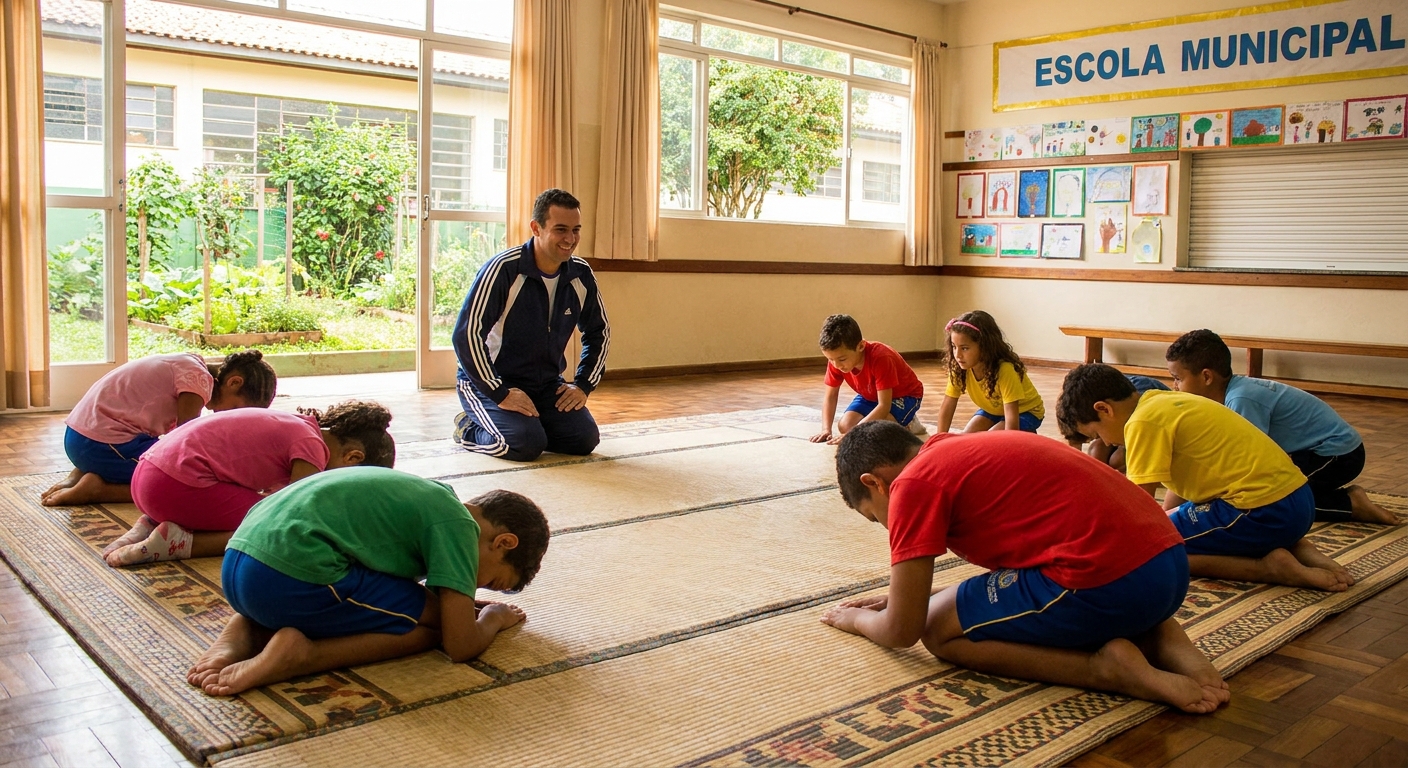 Educador físico sorrindo com crianças em tatame escolar ensinando Jiu-Jitsu