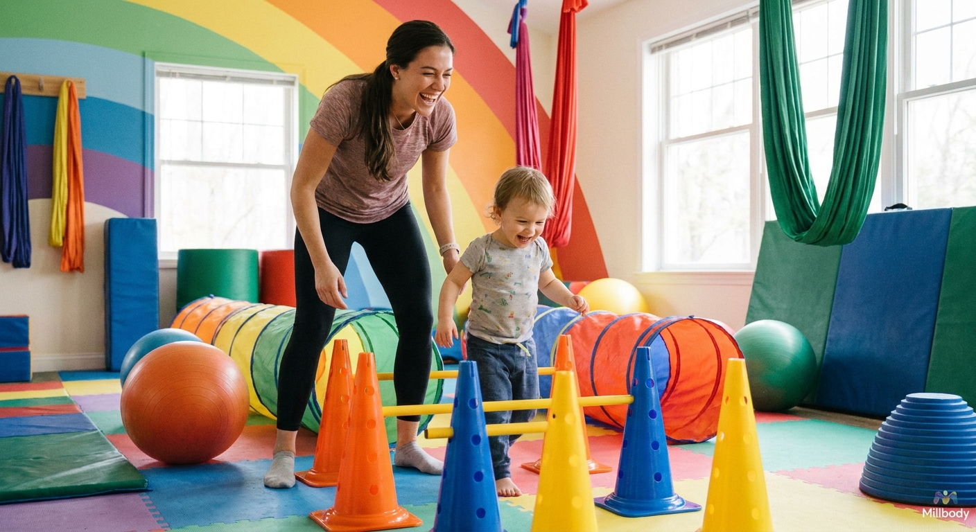 educadora física sorrindo usando aplicativo Millbody para planejar atividades lúdicas para criança com autismo - coordenação motora