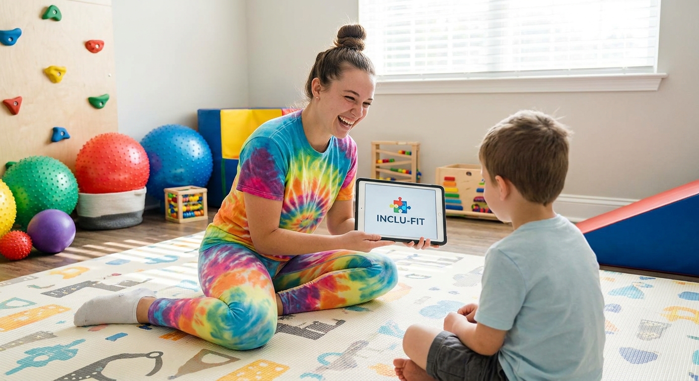 Educadora física usando app Millbody com criança autista em atividade lúdica em tapete colorido