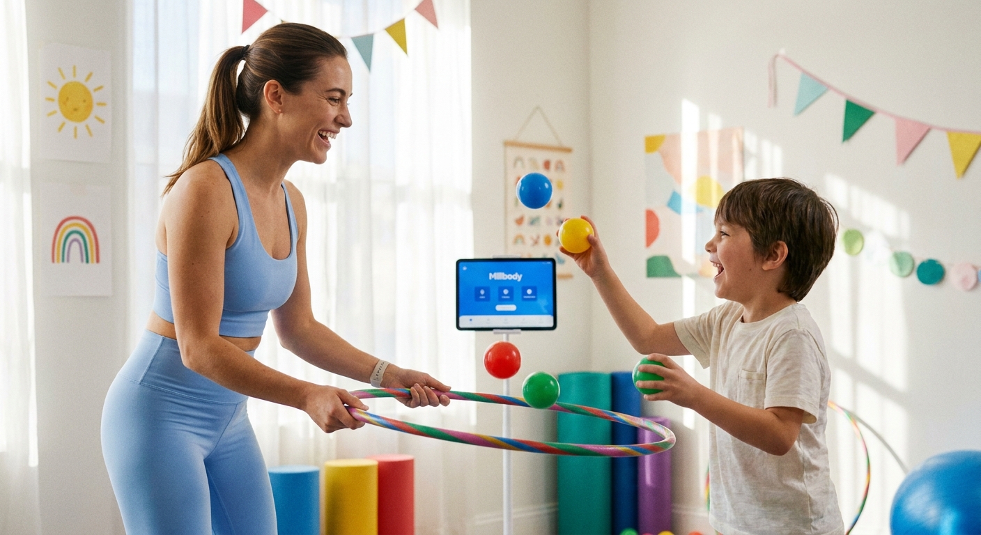Educadora usando o app Millbody para atividade lúdica com criança autista